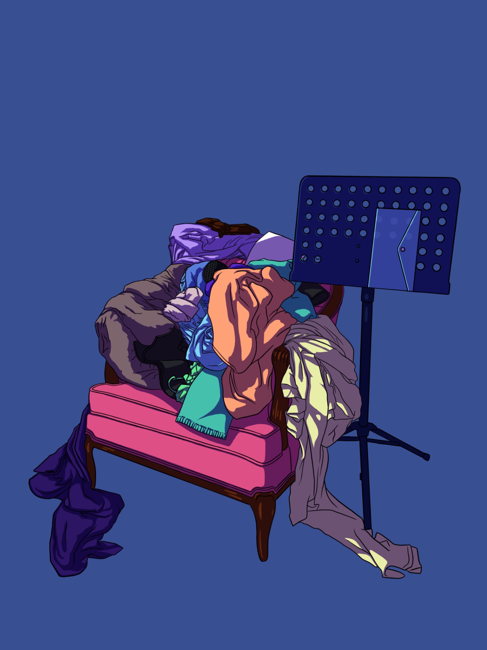 Digital drawing of an antique armchair with a pile of clothing draped on it and a music stand with a clear plastic envelope on it. The background is a light muted blue.