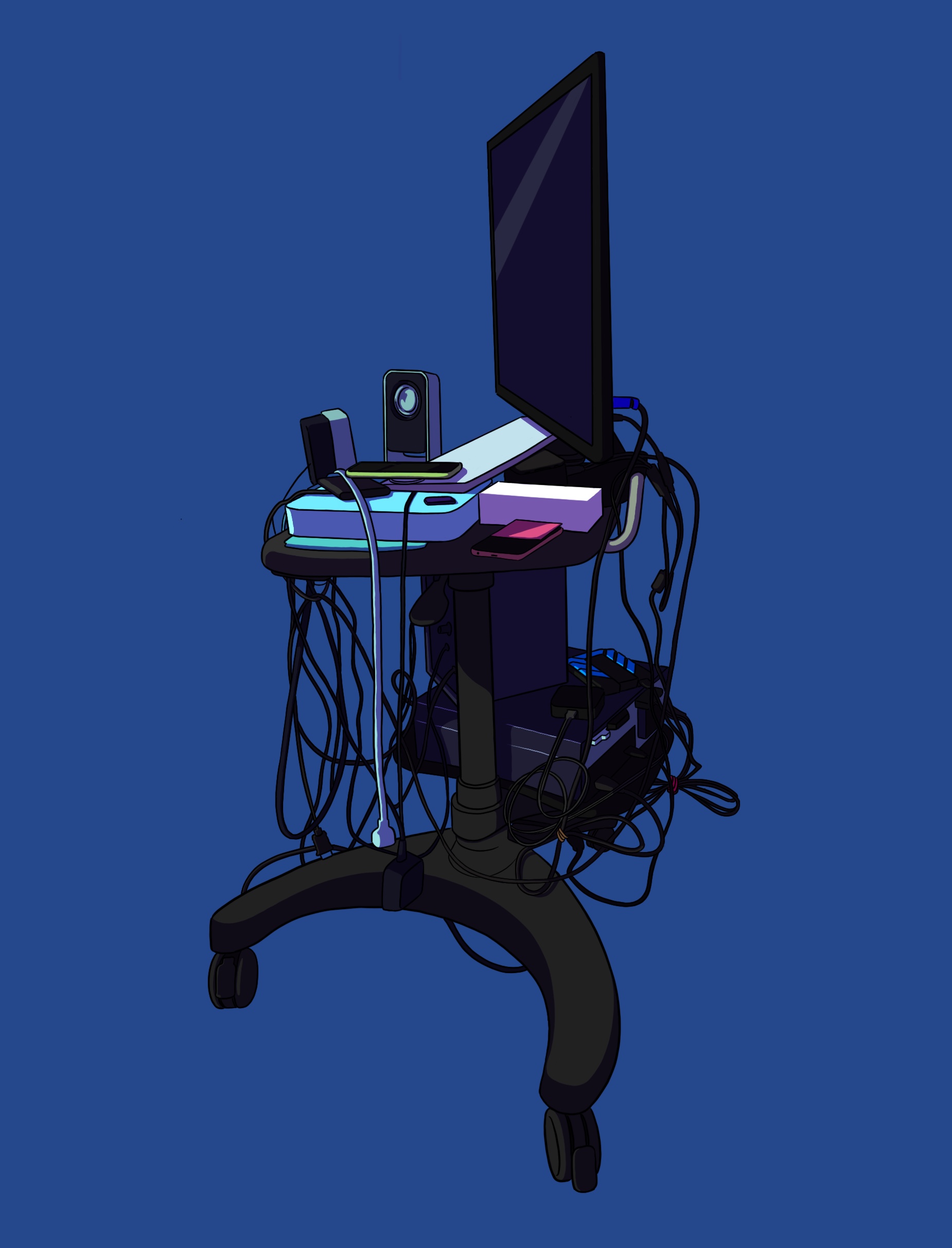 Digital drawing of a portable workstation with a computer monitor, two computers, and multiple small electronics on the workspace. There are buunches of wires hanging from the workstation. The background is a light muted blue.